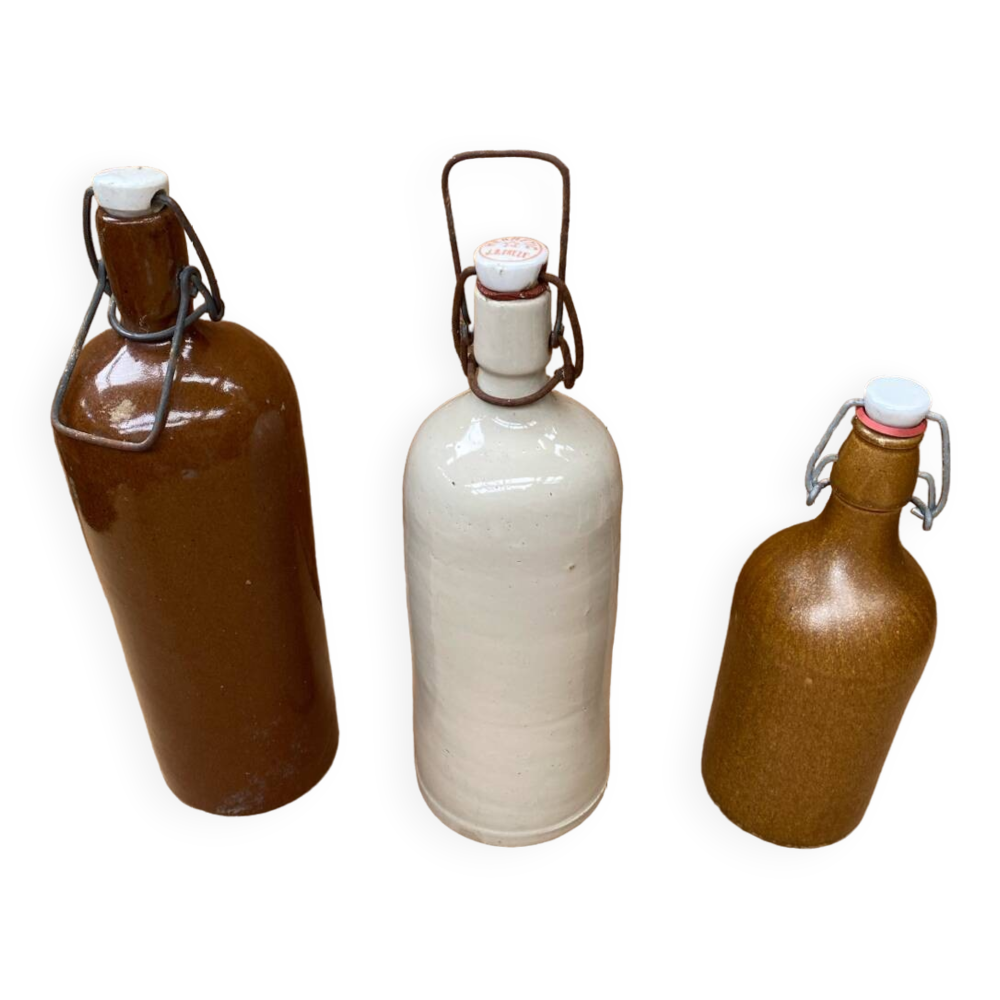 Set of 3 old brown & white stoneware bottles vintage kitchen