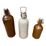 Set of 3 old brown & white stoneware bottles vintage kitchen