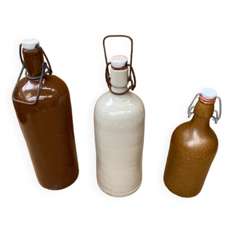 Set of 3 old brown & white stoneware bottles vintage kitchen