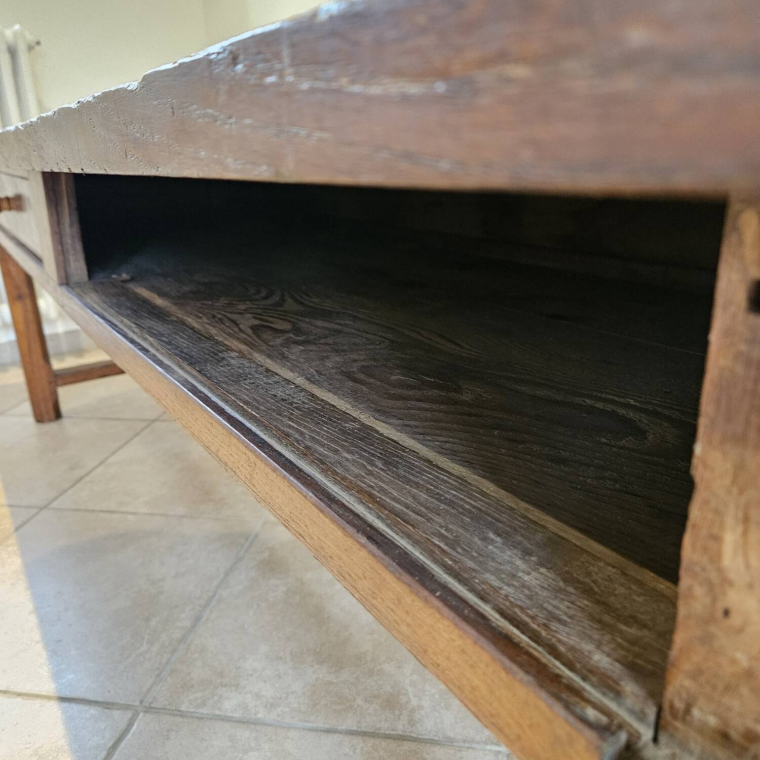 Farm table, solid oak console, late 18th to early 19th century.