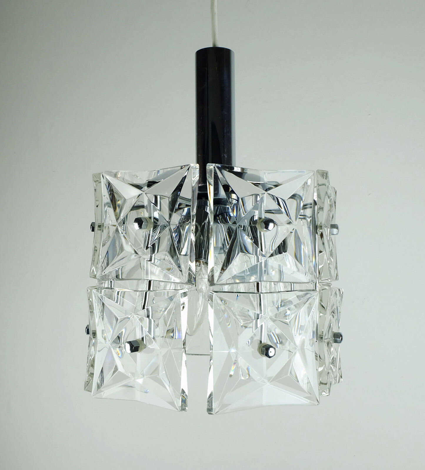 vintage PENDANT LIGHT crystal glass and chrome 14 glass prisms 1960s