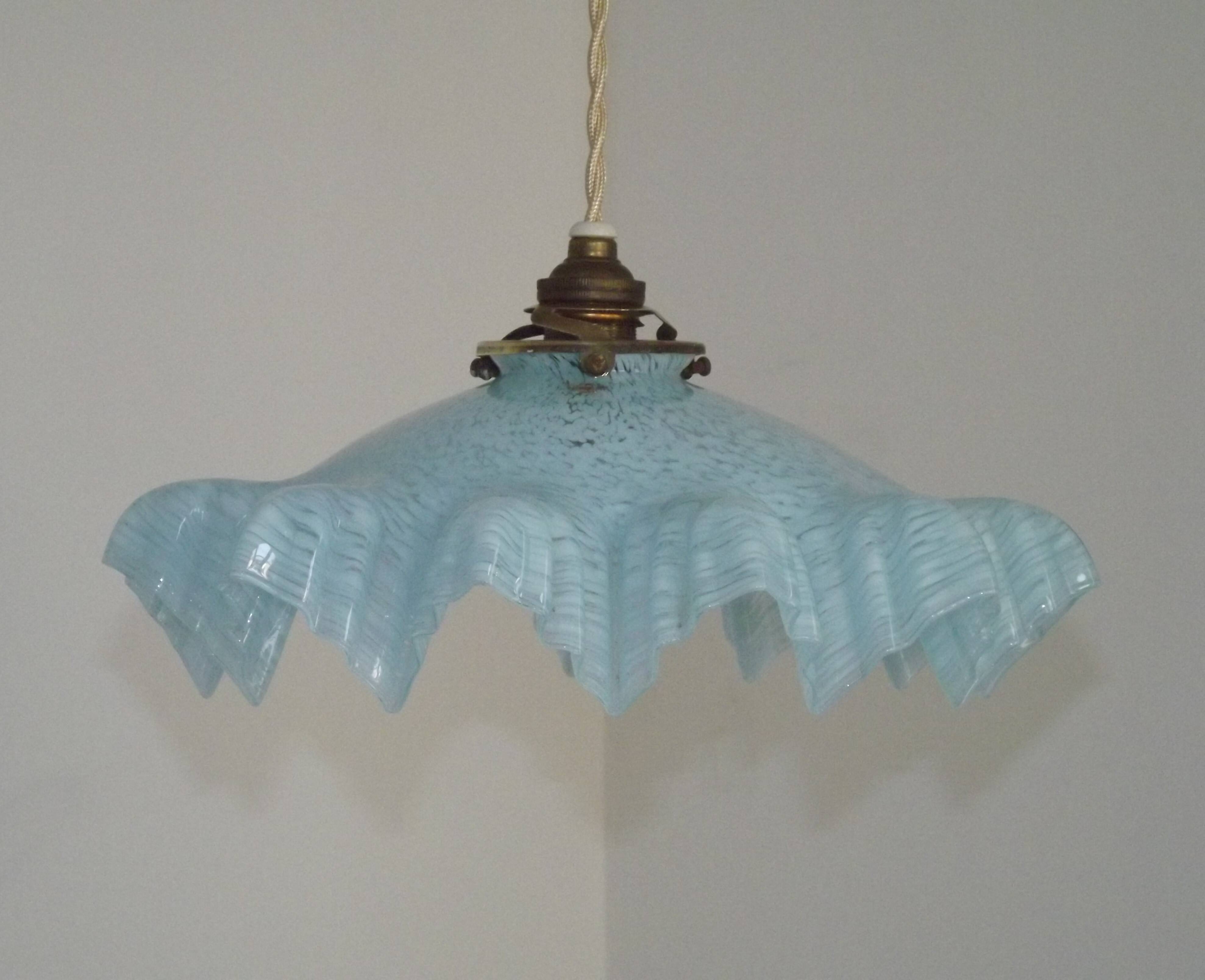 French Vintage 1930s Pale Blue Frilled Clichy Glass Lampshade Ceiling Light