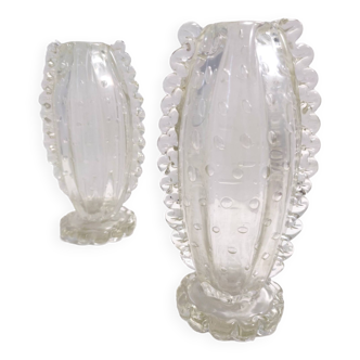 Vintage pair of transparent bullicante murano glass vases by ercole barovier