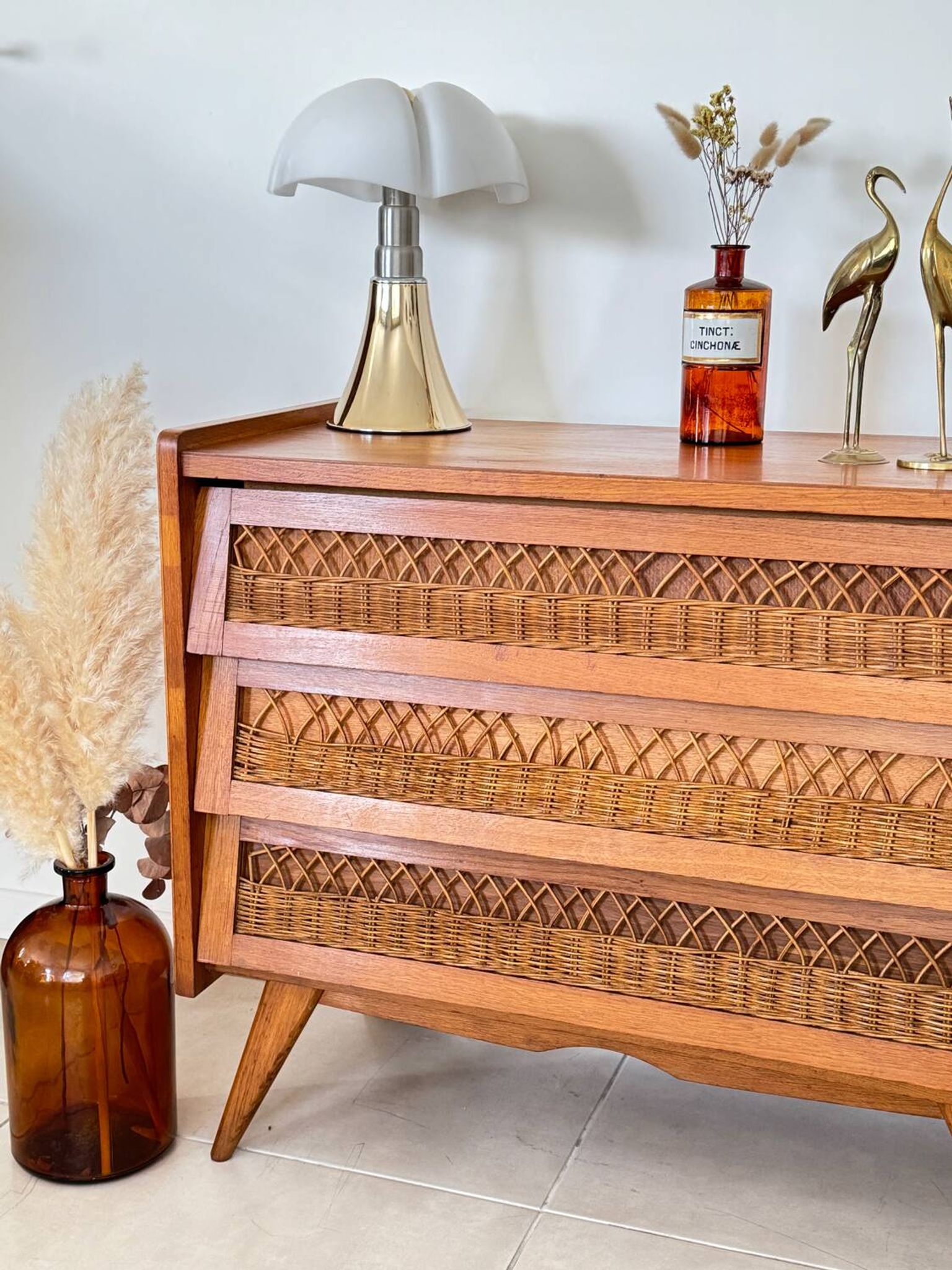 Commode bois et rotin vintage