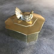 Boîte coffret vintage en laiton massif forme octogone décoration d’oiseau 14,8cm