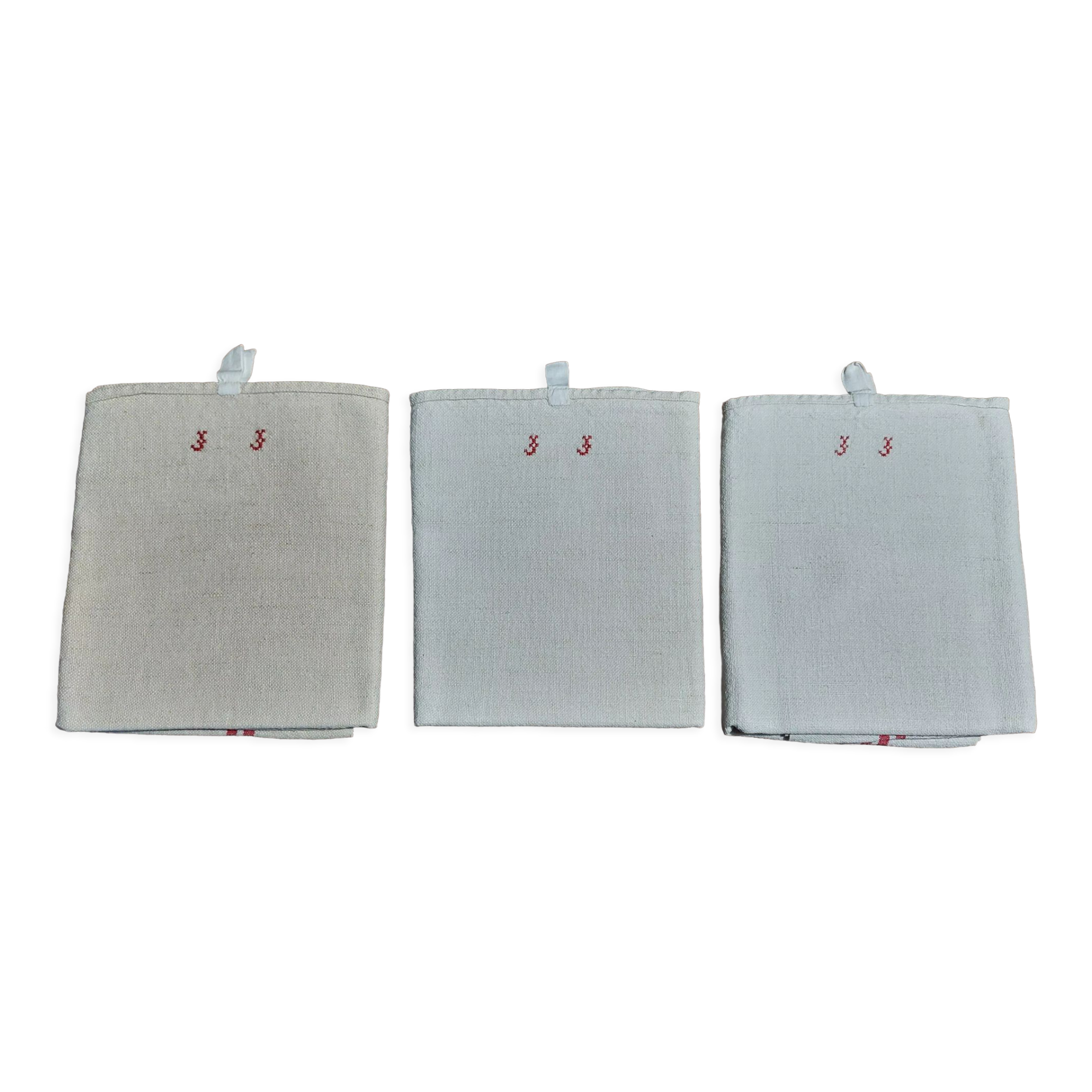 Old tea towels series of three monogram red J J hemp 57 X 90 cm