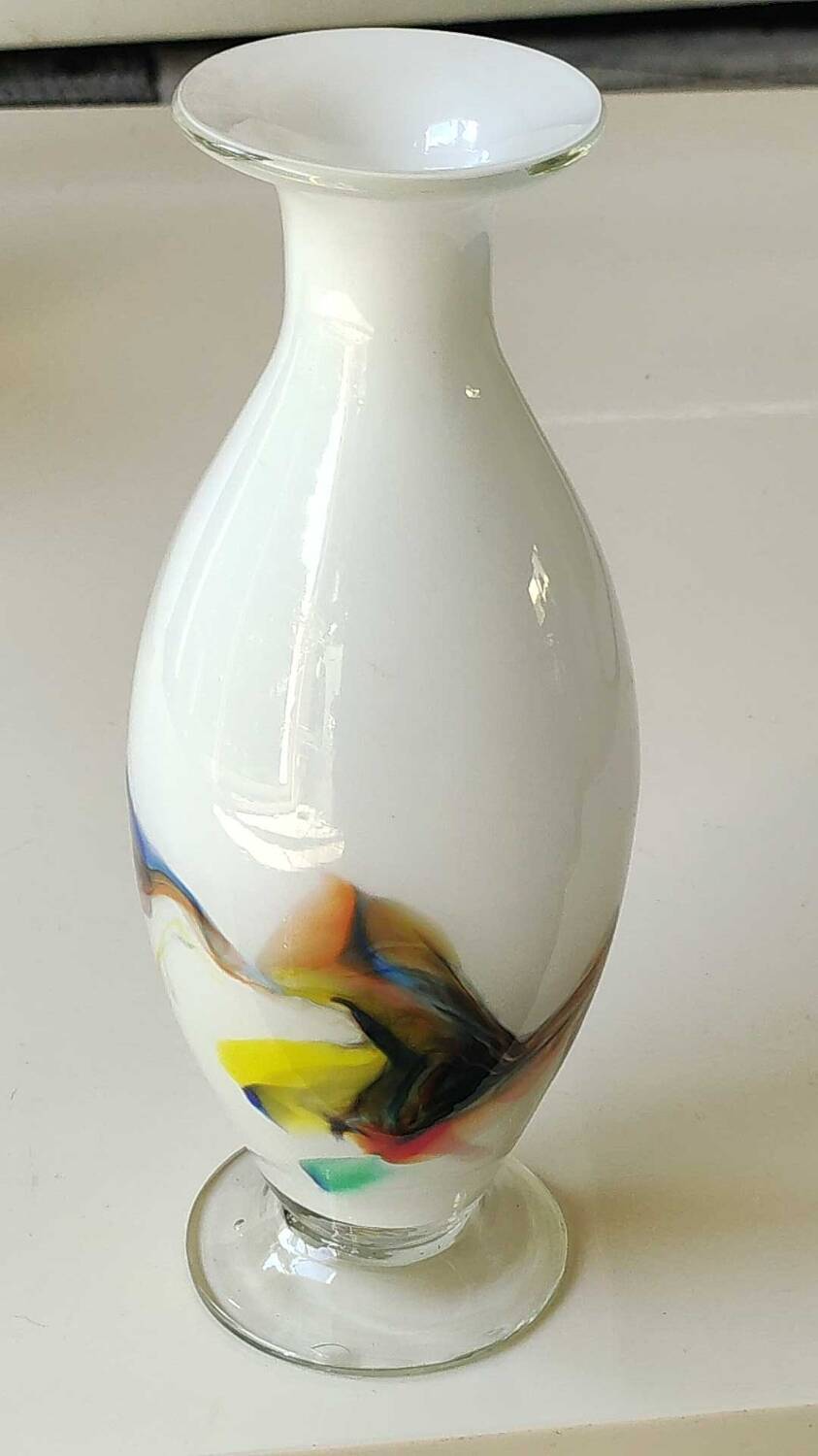 Flamed vase/volutes in white opaline/polychrome Art Glass. Murano style. High 23.5 cm
