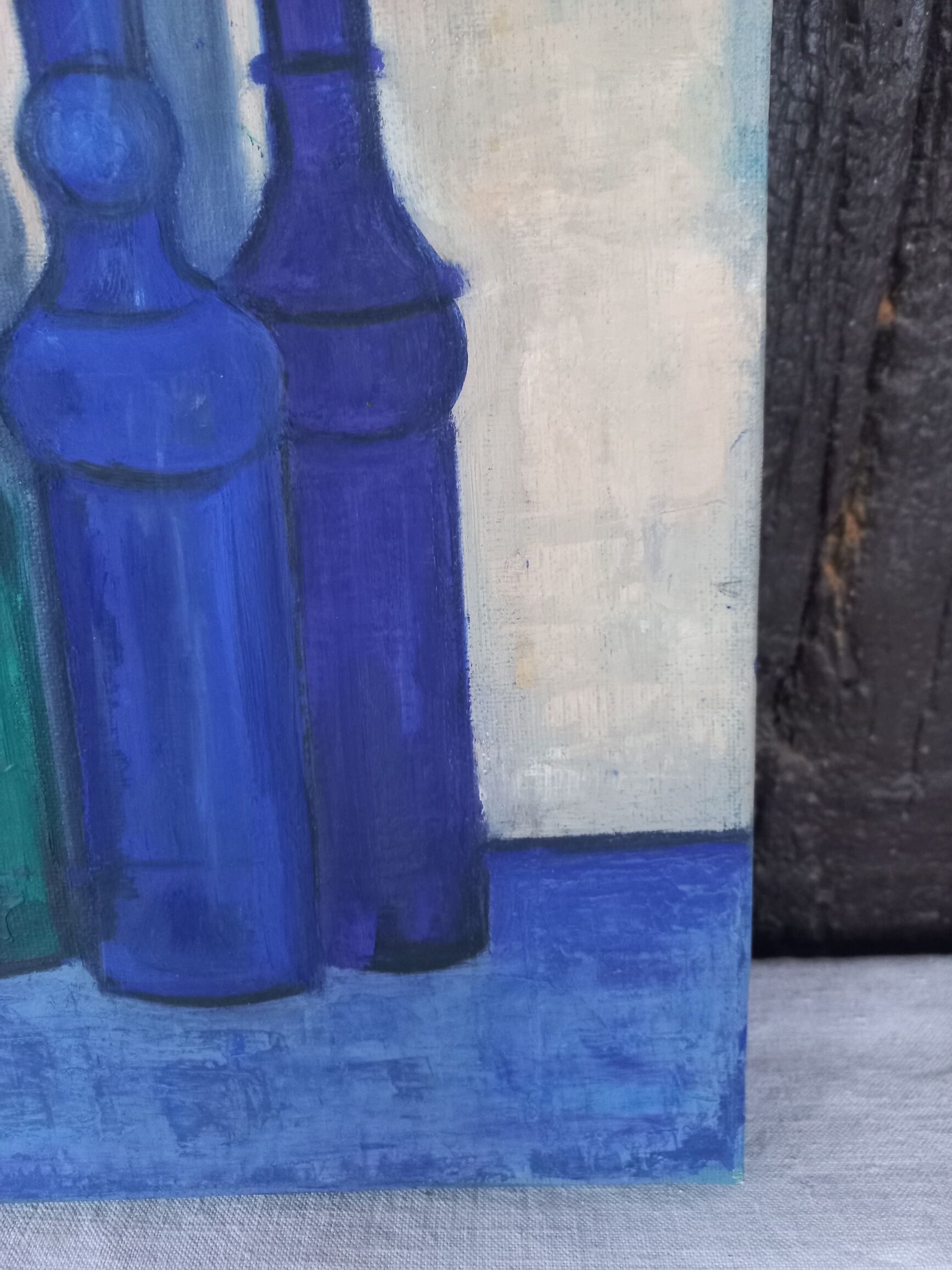 Still life on canvas bottles signed Majo Hilbey Poléo