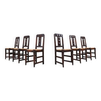 Set of 6 Art Deco Dining Chairs in Oak and Wicker by Victor Coutray, France
