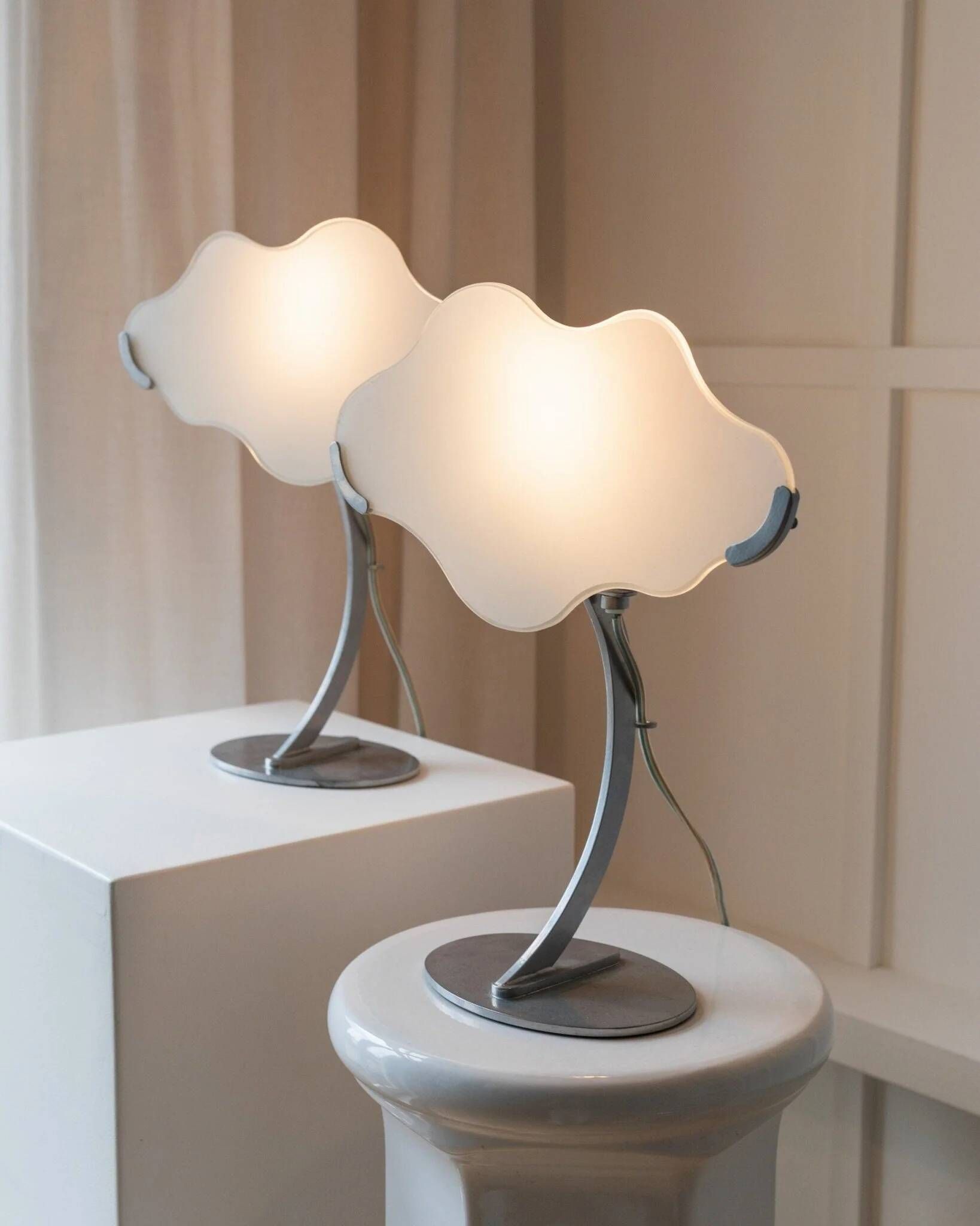 Pair of White Murano Glass Cloud Table Lamps with Chrome Stems, Italy 1980s