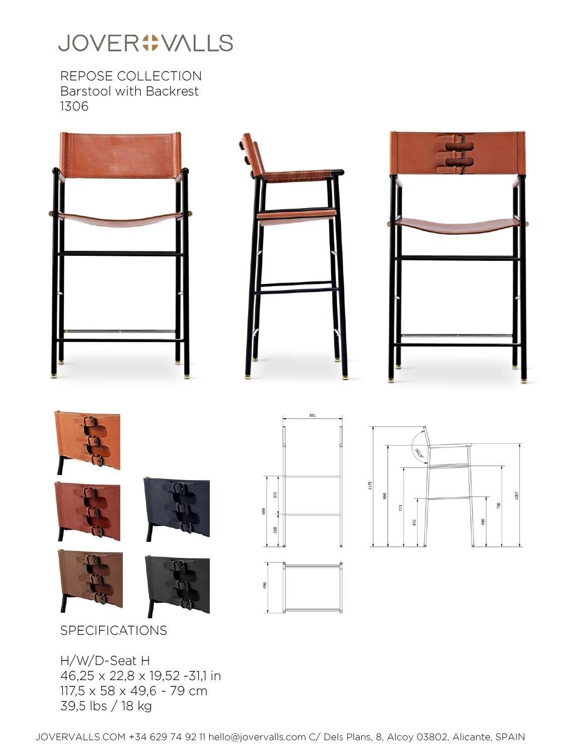 Jeu de 4 Tabourets de bar contemporains avec dossier en cuir marron foncé, caoutchouc noir, métal