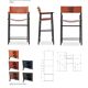 Jeu de 4 Tabourets de bar contemporains avec dossier en cuir marron foncé, caoutchouc noir, métal