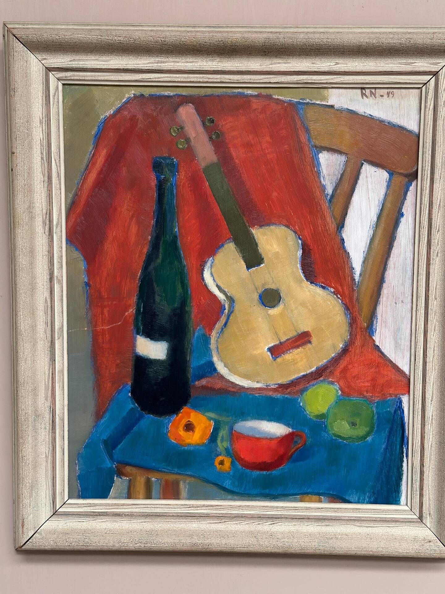 Swedish Oil on Canvas – “Still Life with Guitar and Wine Bottle”