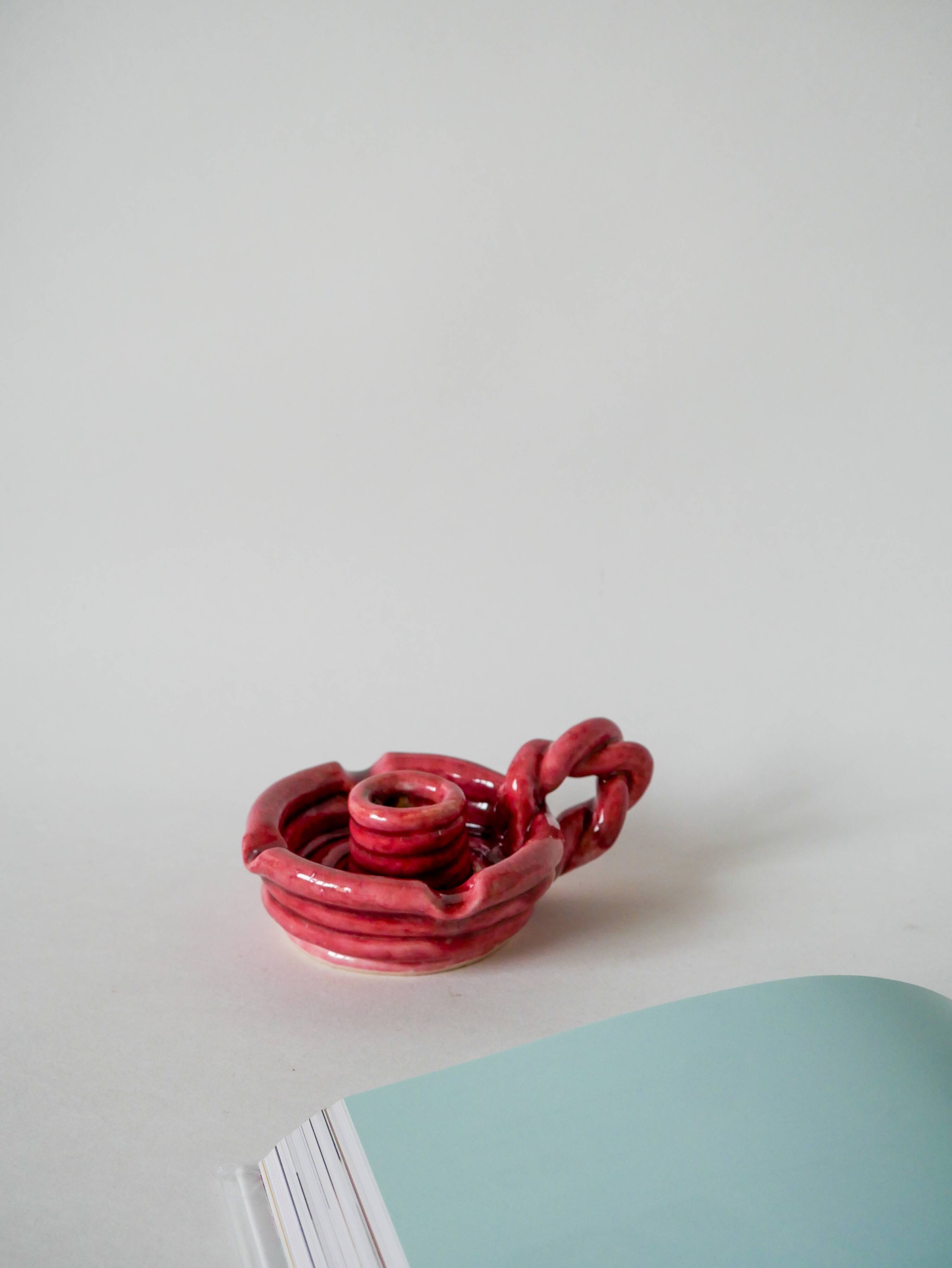 pink woven slip candle holder 1960