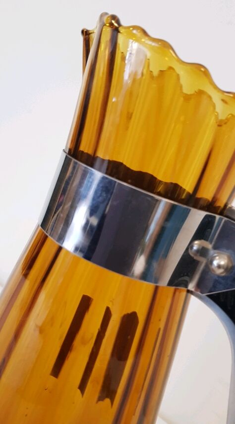 Pitcher blown amber glass and bakelite and aluminum handle and set of stainless