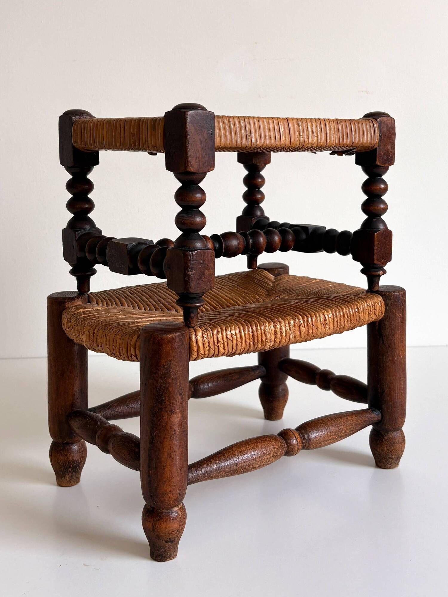 Antique French Turned Wood and Woven Rattan Footstool/ Sidetable