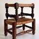 Antique French Turned Wood and Woven Rattan Footstool/ Sidetable