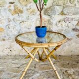 Round bamboo and rattan coffee table with glass top, circa 1960s