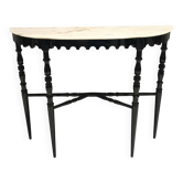Console en hêtre laqué noir avec plateau demi-lune en marbre rose portugais, Italie