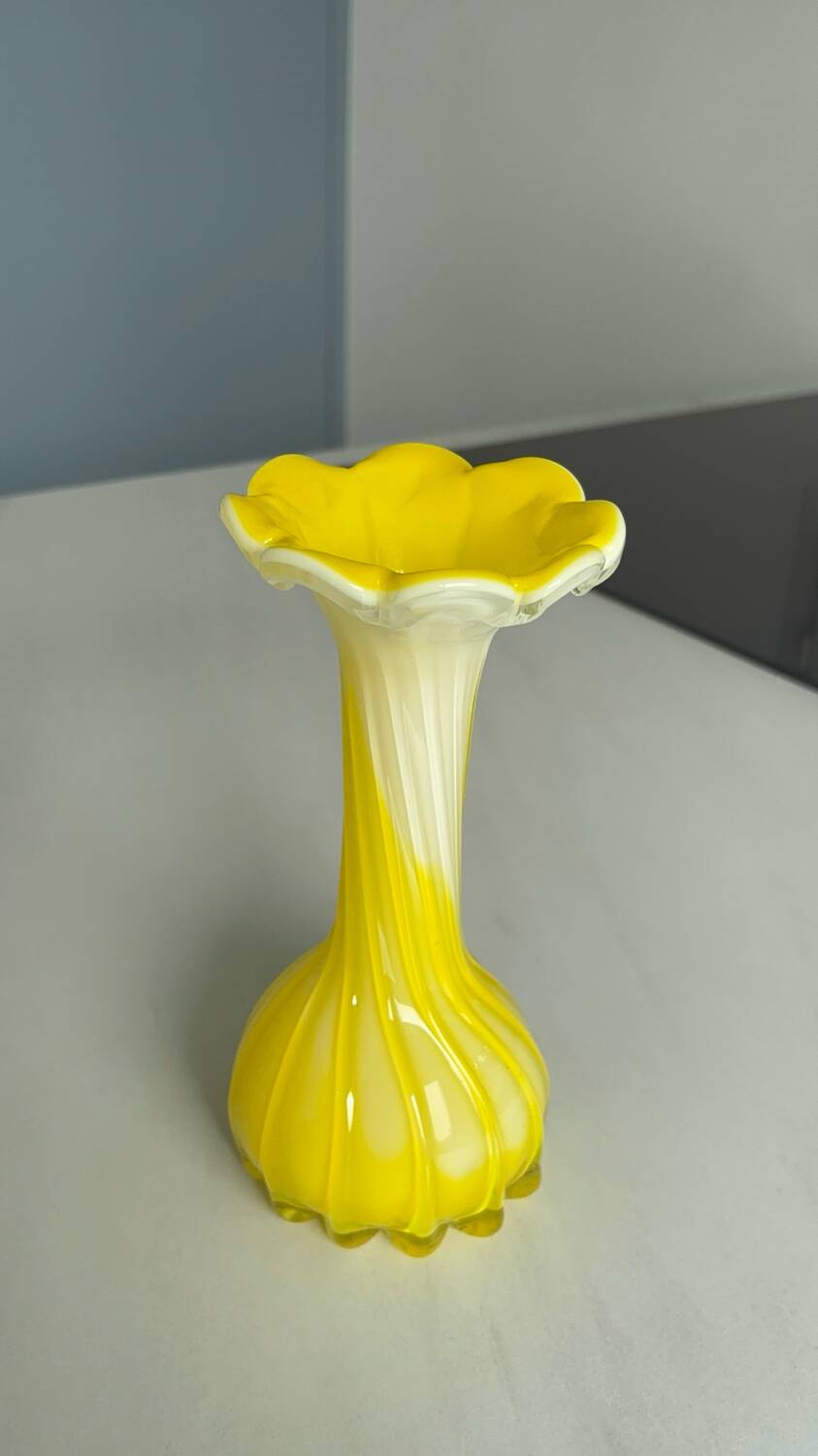 Yellow flower-shaped vase, vintage opaline glass, home decor, spring.