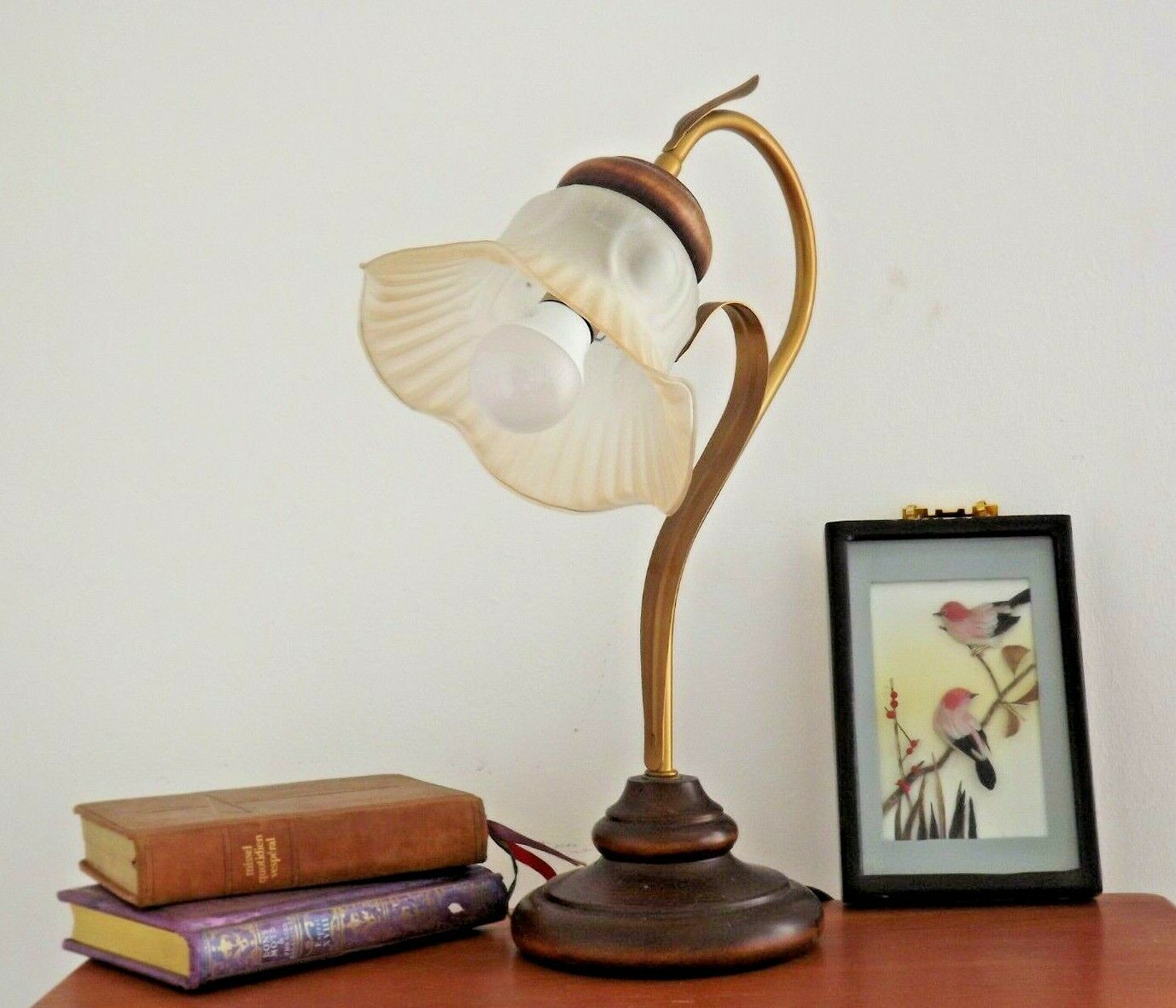 French vintage gold coloured metal & wood table lamp decorative glass shade