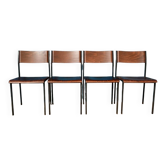 Série de 4 chaises Hiller vintage rétro moderniste piétement tubulaire et bois empilables minimaliste grande série restaurant open space années 70