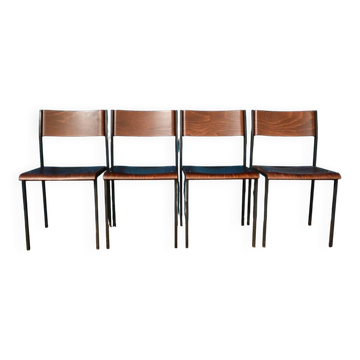 Set of 4 vintage retro modernist Hiller chairs with tubular legs and wooden seats, stackable minimalist design, large series for open space restaurants from the 1970s.