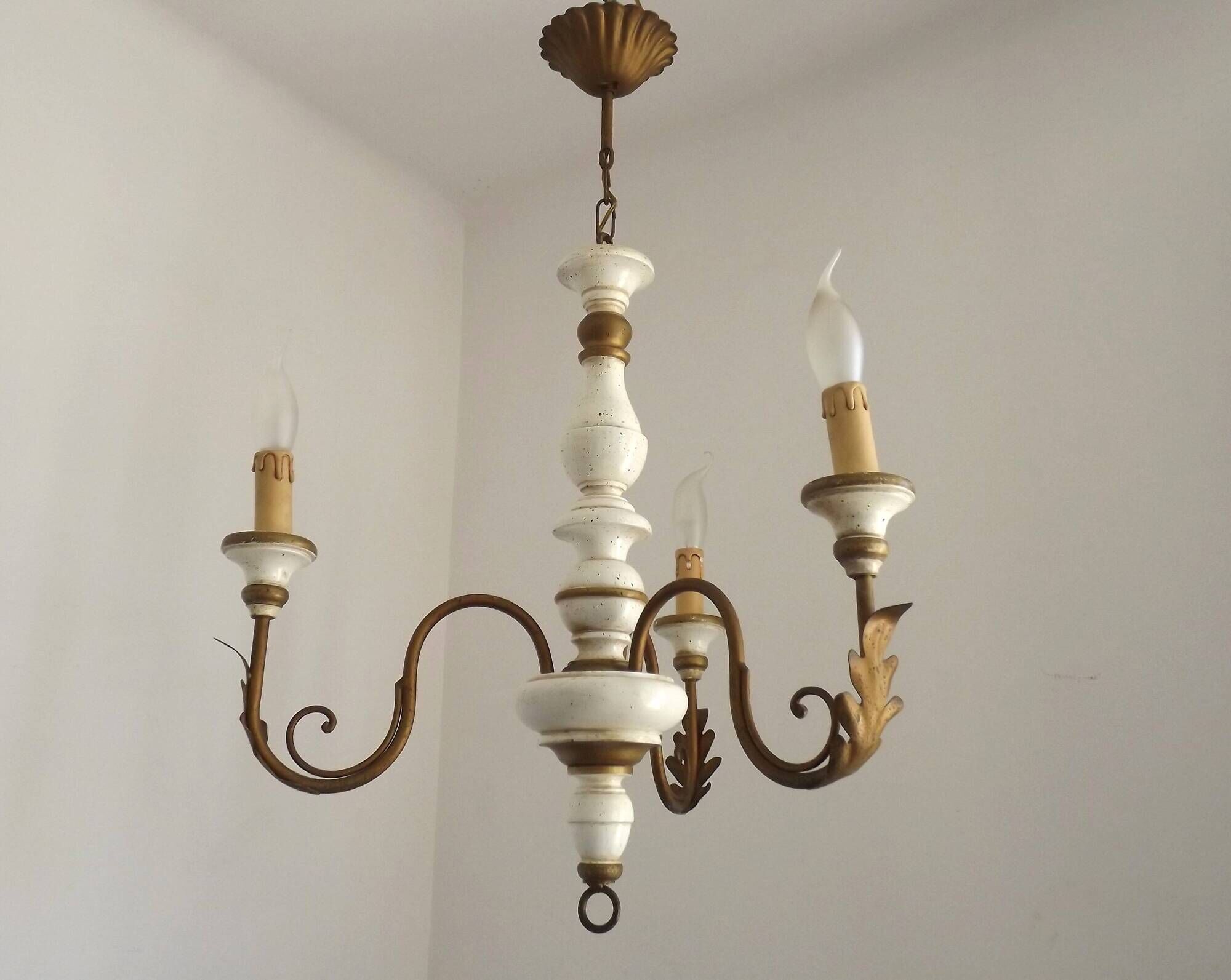 Vintage French 3-Light Chandelier White Wood & Bronzed Effect Metal