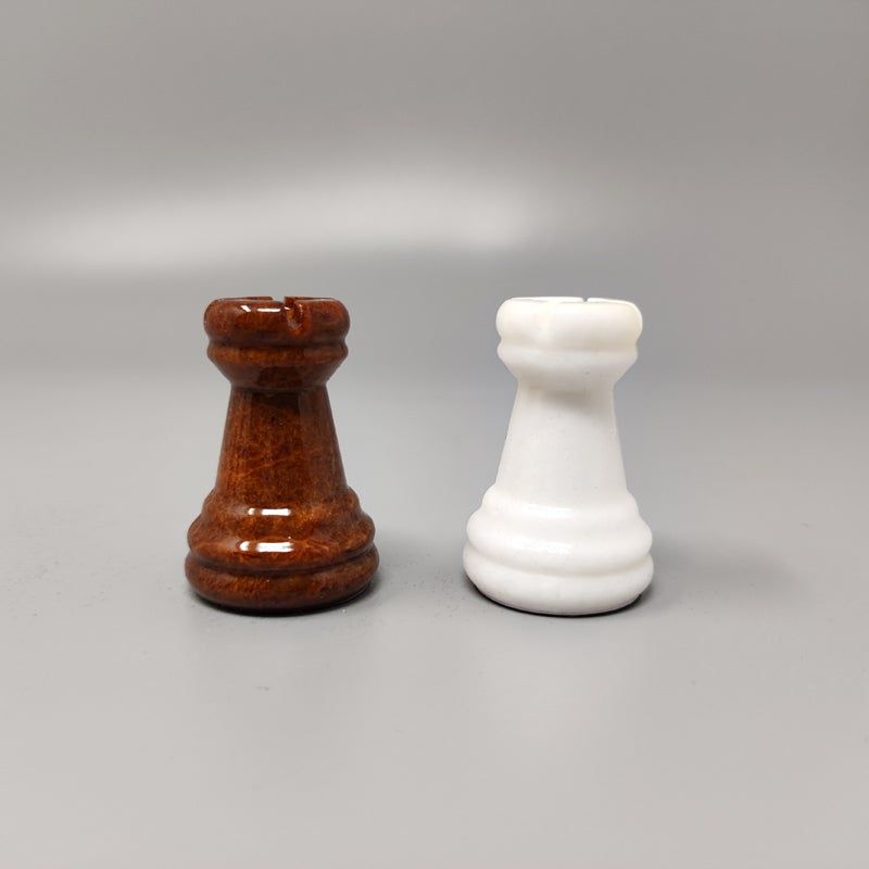 1970s Brown and White Chess Set in Volterra Alabaster Handmade Made in Italy