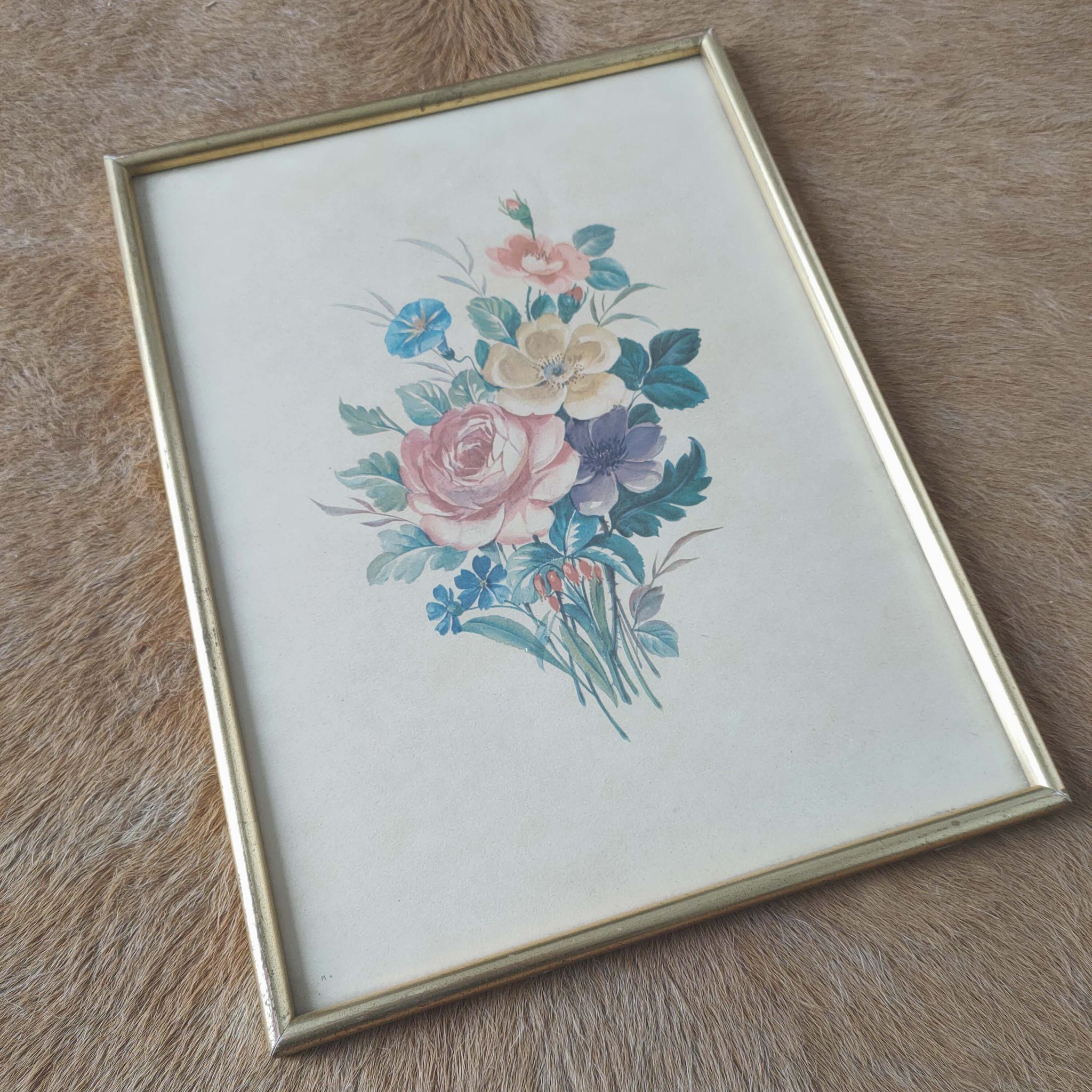 Illustration bouquet fleurs cadre bois doré