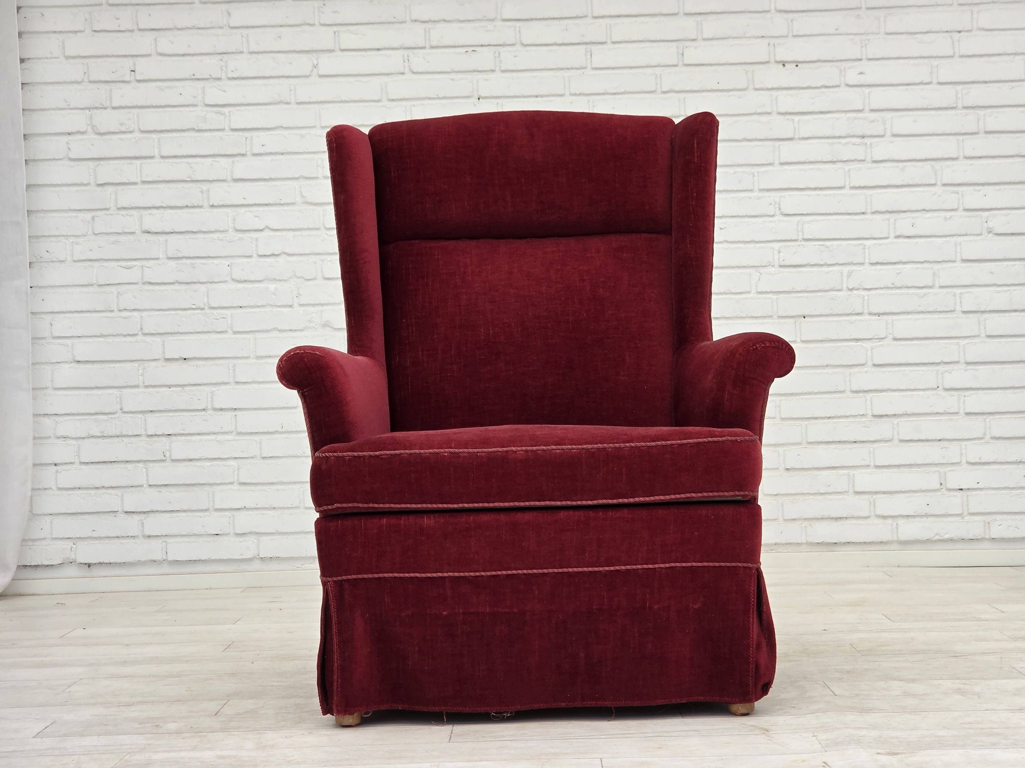 1970s, Danish highback chair, cherry-red furniture velour, ash wood legs.
