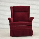 1970s, Danish highback chair, cherry-red furniture velour, ash wood legs.
