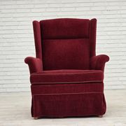 1970s, Danish highback chair, cherry-red furniture velour, ash wood legs.