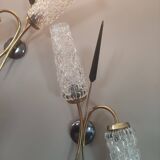 Set of 2 vintage 2-spoke wall lamps in gilded metal and diamond textured tulip glass