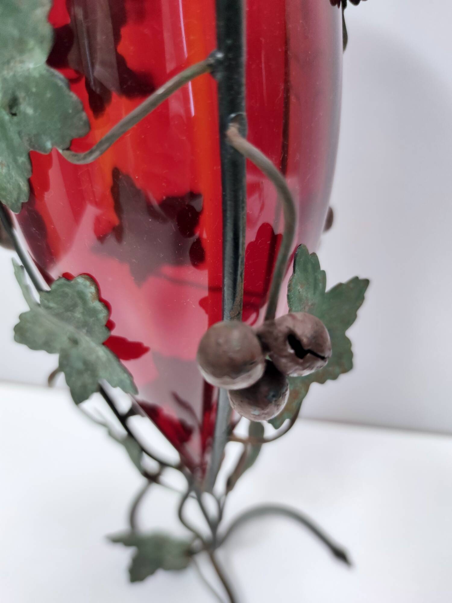 Ruby Red Murano Glass Vase with Iron Grape Vines Ascribable to Umberto Bell