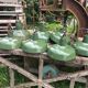 Set of 7 green industrial lamps in good condition, 1970s