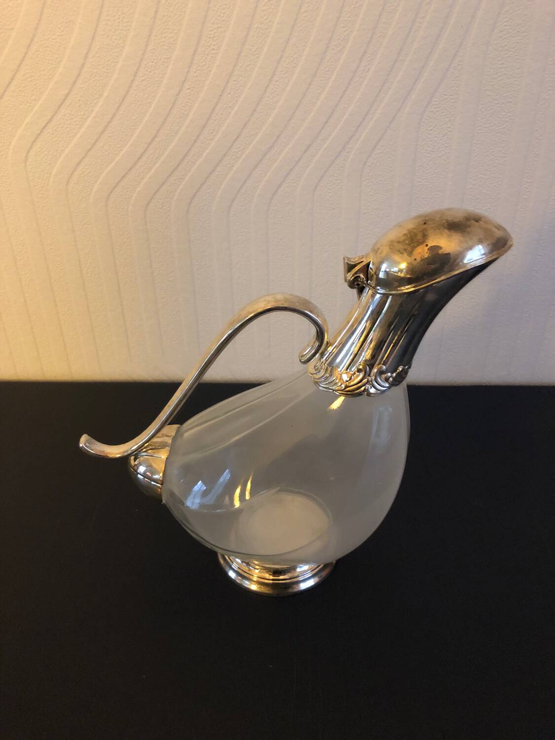Carafe canard vintage en verre et argent