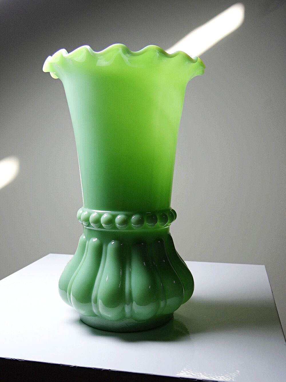 Large antique jade green opaline crystal vase, circa 1900-1930.