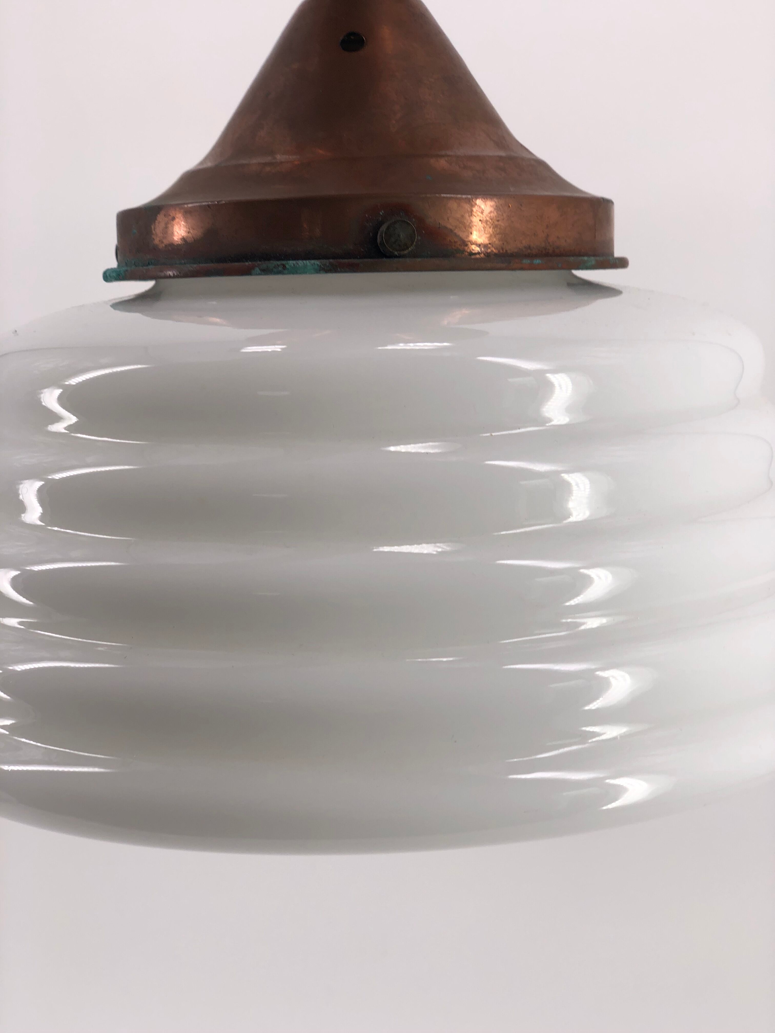 Ceiling lamp with opaline and art deco red copper mount