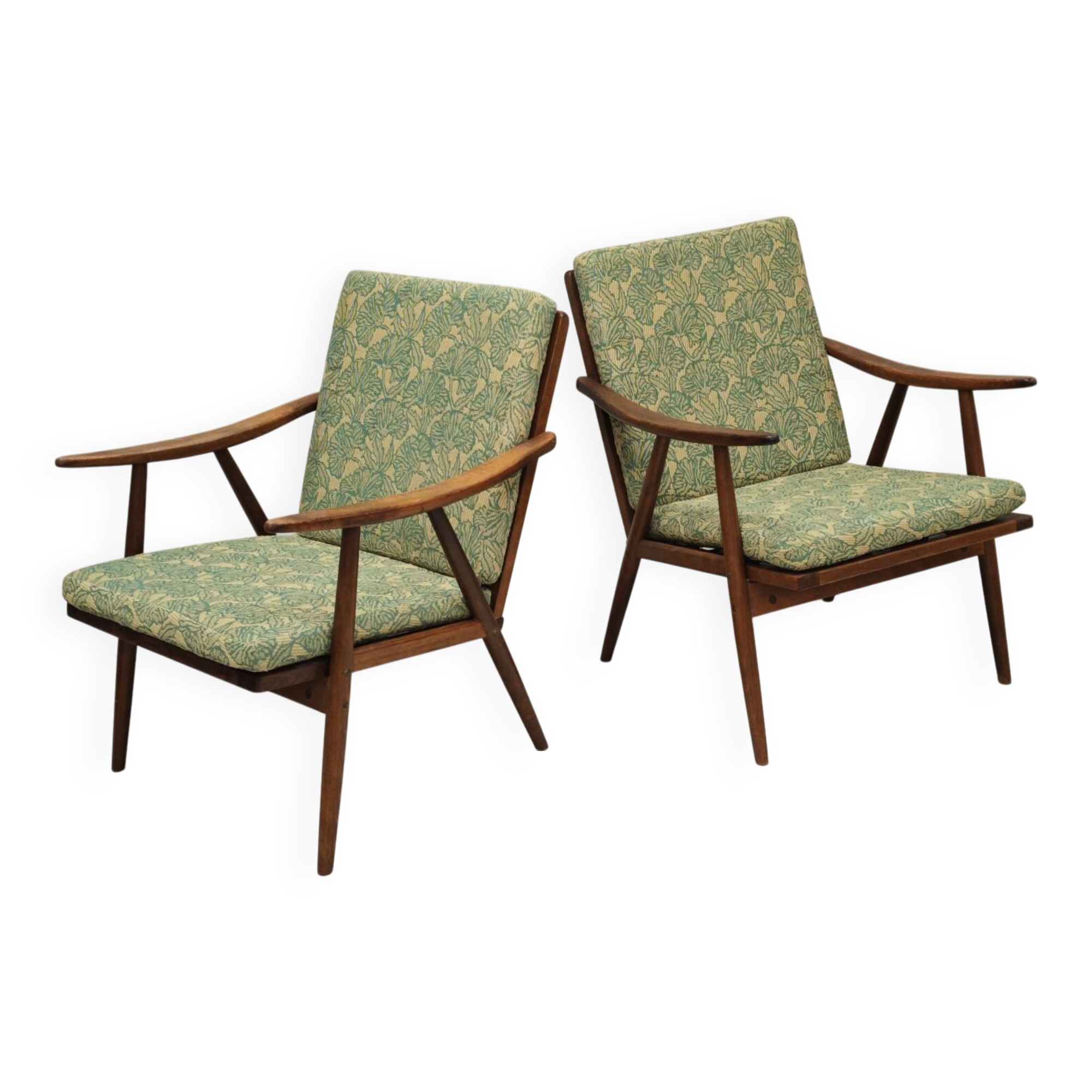Pair of green flower boomerang armchairs by Antonin Suman for Ton (Thonet)