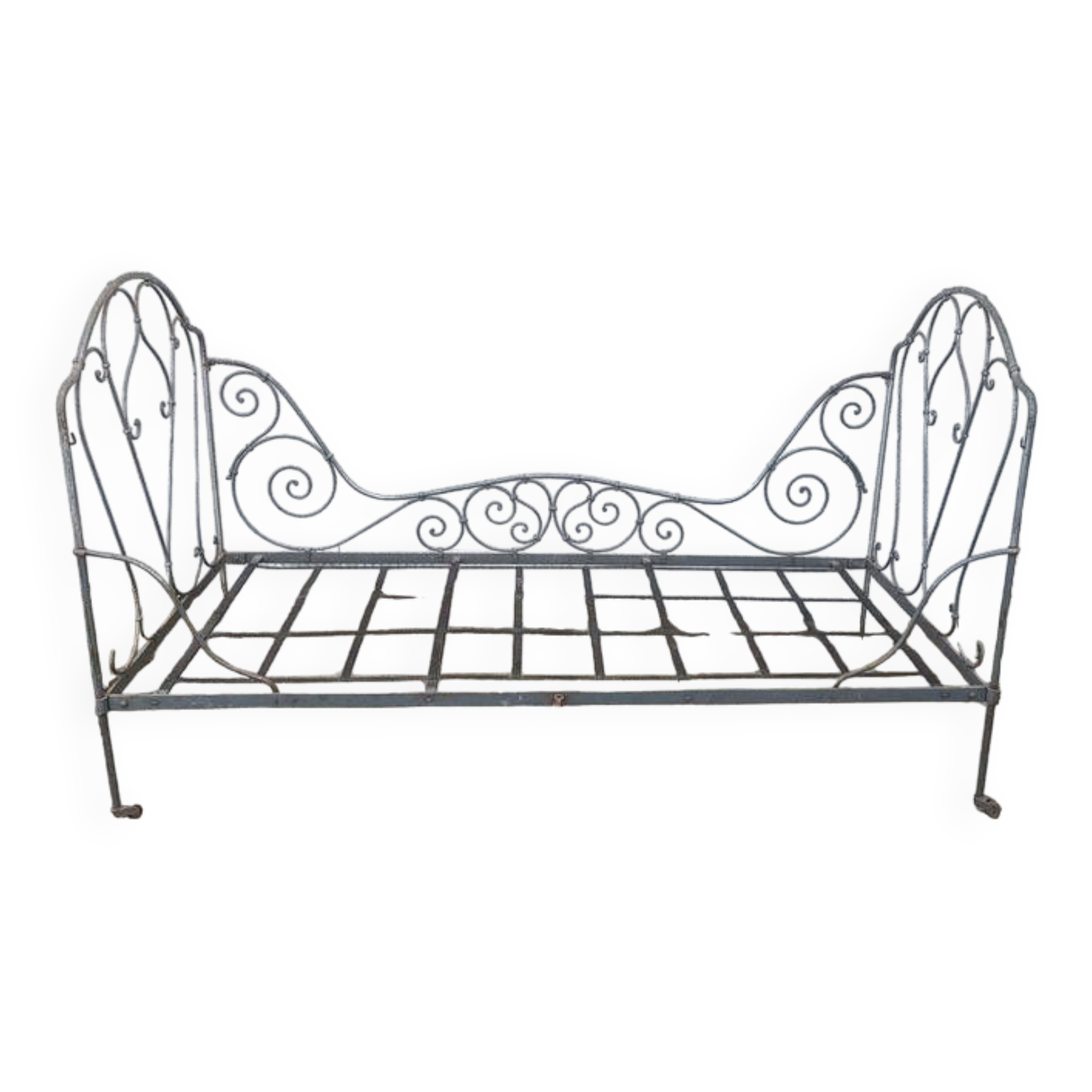 Metal folding bed, wrought iron bench