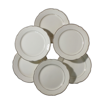 6 flat plates in ivory earthenware gilded border Digoin Sarreguemines vintage