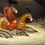 Peinture sur bois laqué Russie, Fedoskino, décor troïka datée 1987