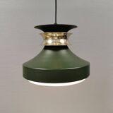 Hanging lamp in green lacquered metal with golden “ring” and bottom grille.