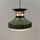 Hanging lamp in green lacquered metal with golden “ring” and bottom grille.