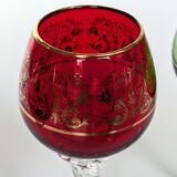 Set of 3 colored wine glasses - Ruby, red, green, gold and twisted foot