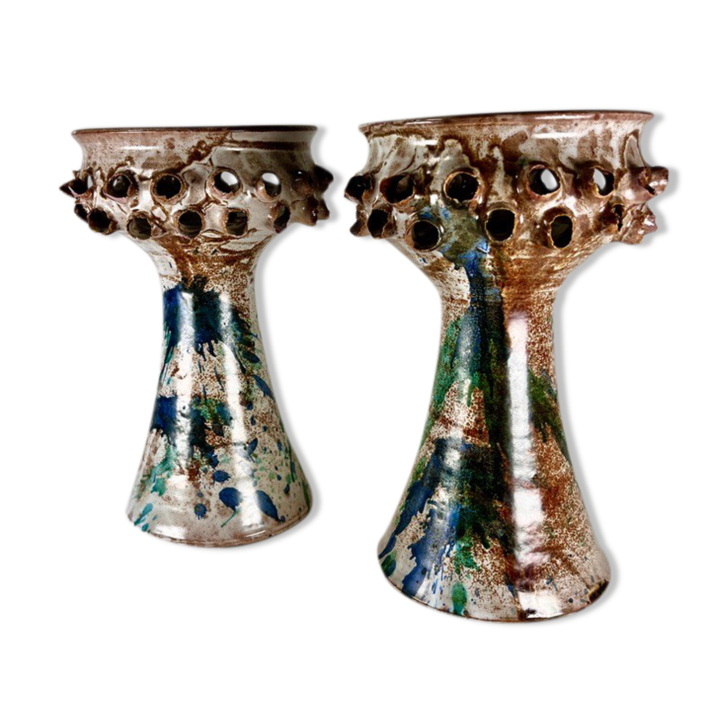 Pair of candle holders in vintage Danish ceramic 1970 signed