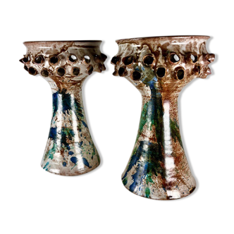 Pair of candle holders in vintage Danish ceramic 1970 signed