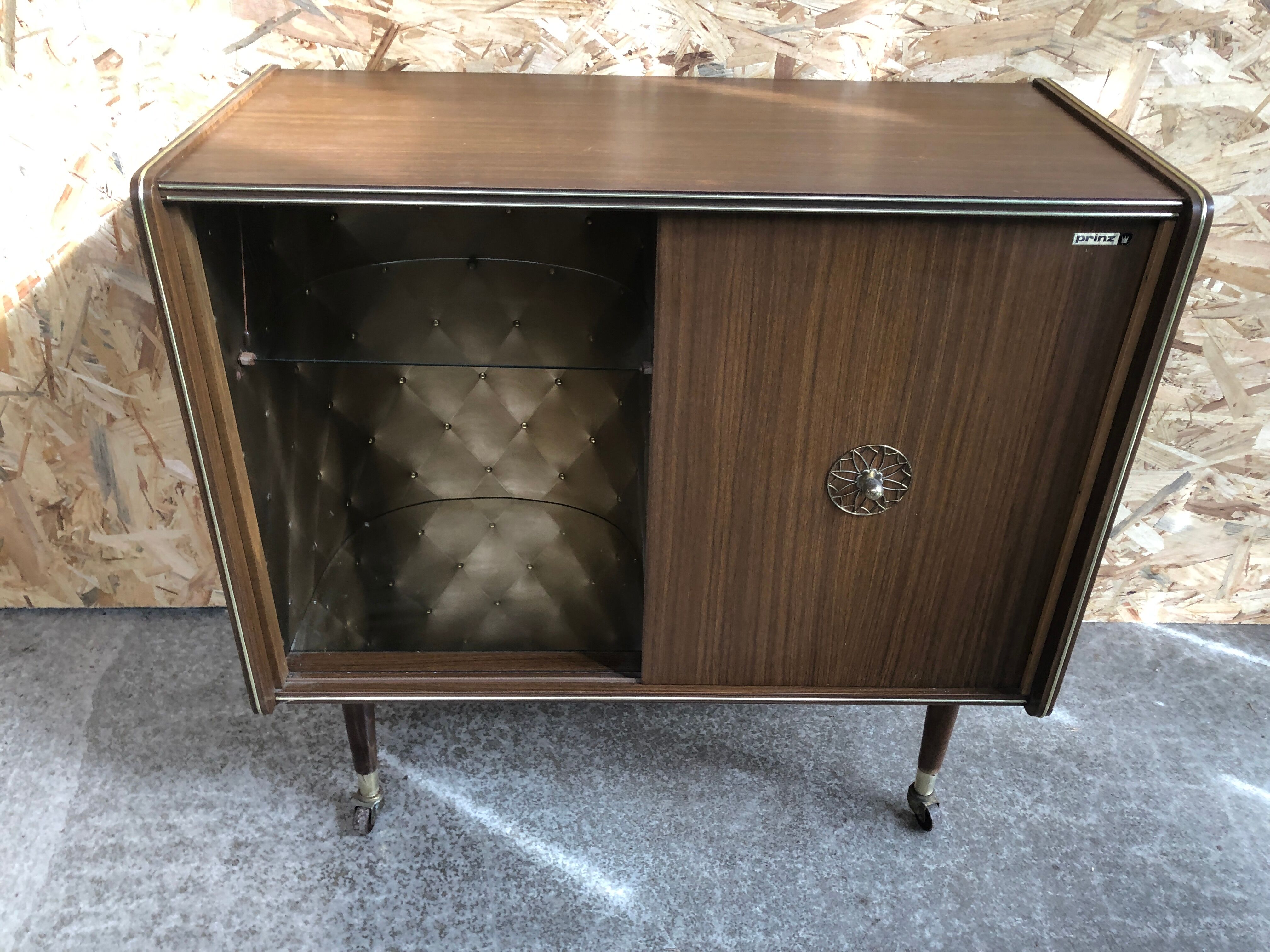 Prinz wooden hifi unit with padded interior door & vintage audio glass