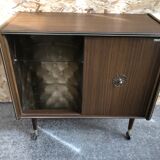 Meuble hifi prinz bois avec porte intérieur capitonné & verre audio vintage